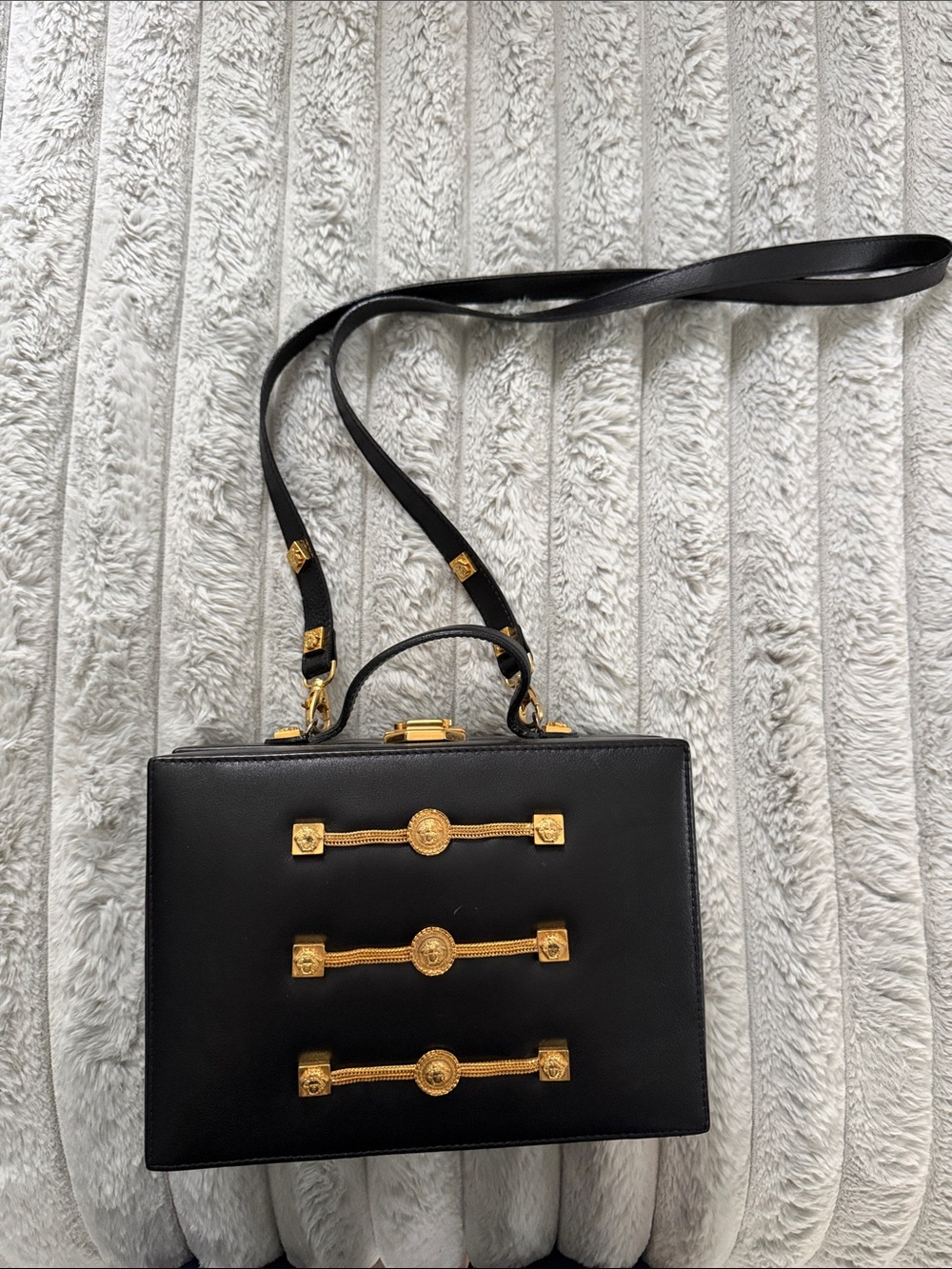 Versace Black Leather Shoulder Bag with Gold Hardware